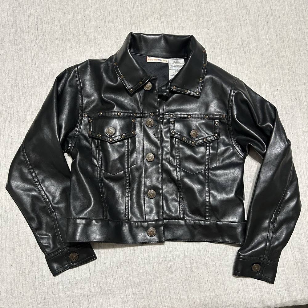 Mary Kate and Ashley Girls Faux Leather Jacket Black Studded Moto Size 6X Y2K